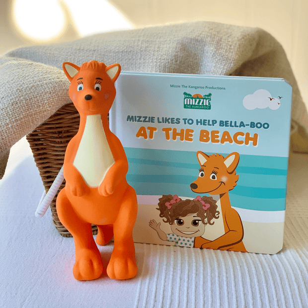 Baby Board Book Gift Set with At the beach book and Mizzie Teething Toy